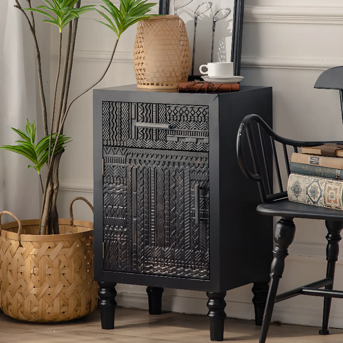 Mid-Century Wood Carved Cabinet for Living Room Decor Image - 8 | homeyfad