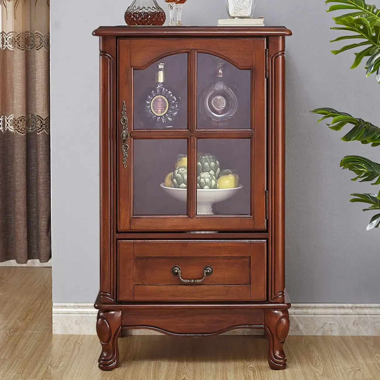 Rustic Wooden Interior Cabinet with Glass Display & Drawer Image - 5