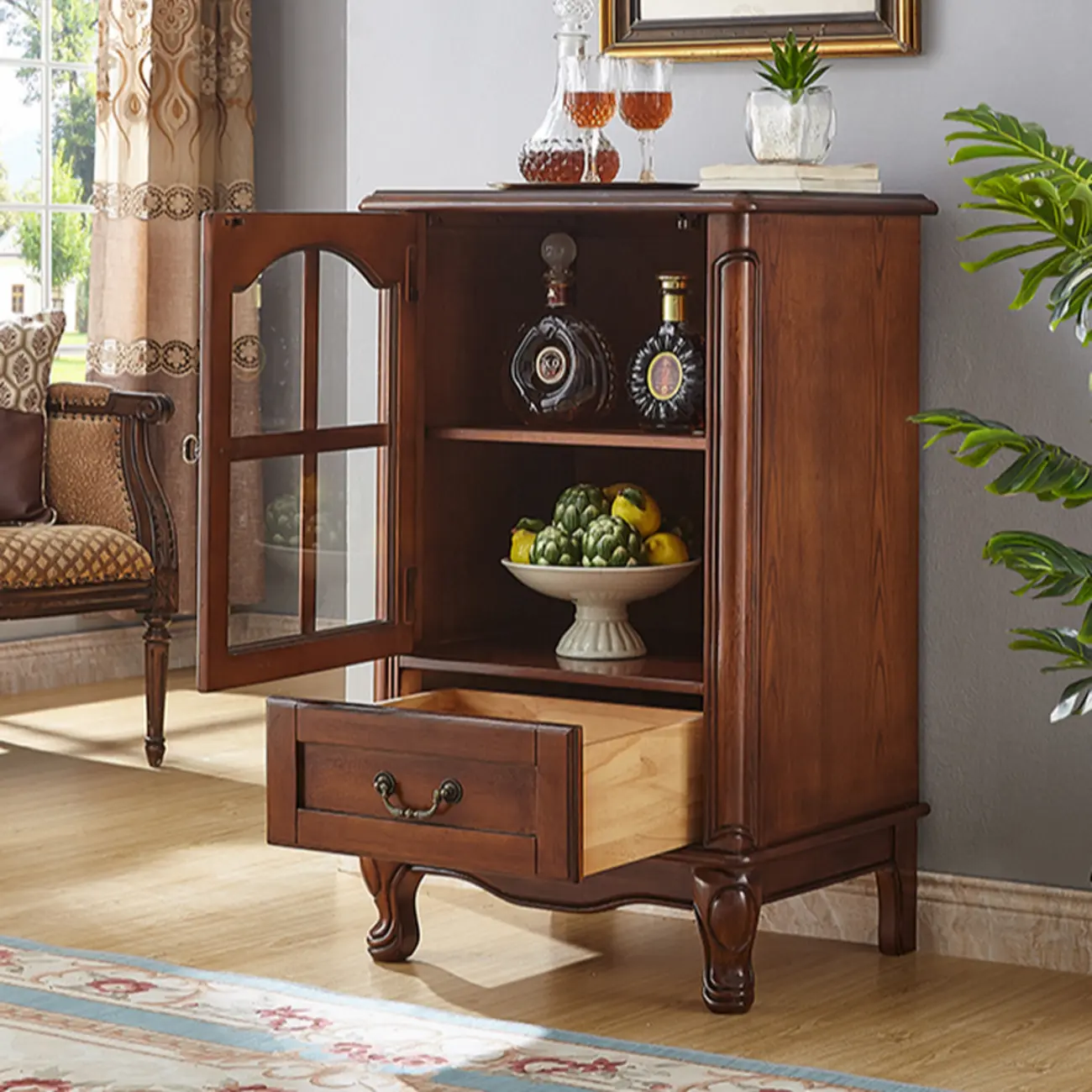 Rustic Wooden Interior Cabinet with Glass Display & Drawer Image - 6 | homeyfad