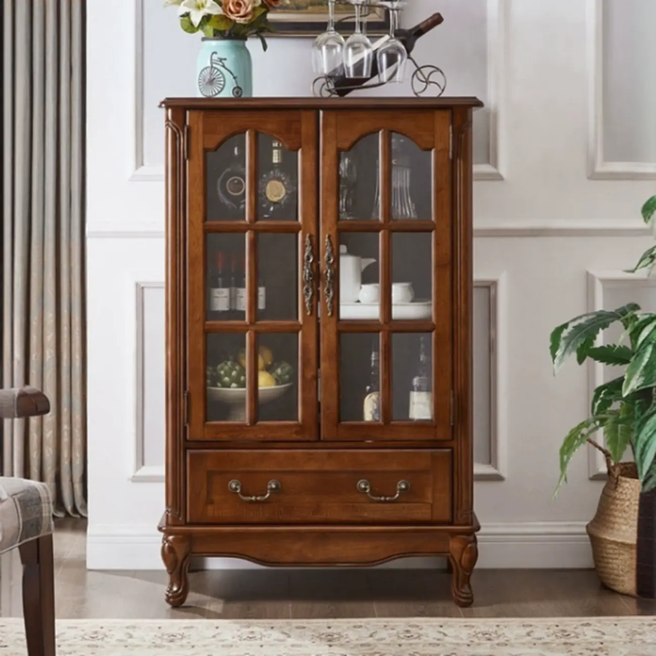 Rustic Wooden Interior Cabinet with Glass Display & Drawer Image - 7 | homeyfad