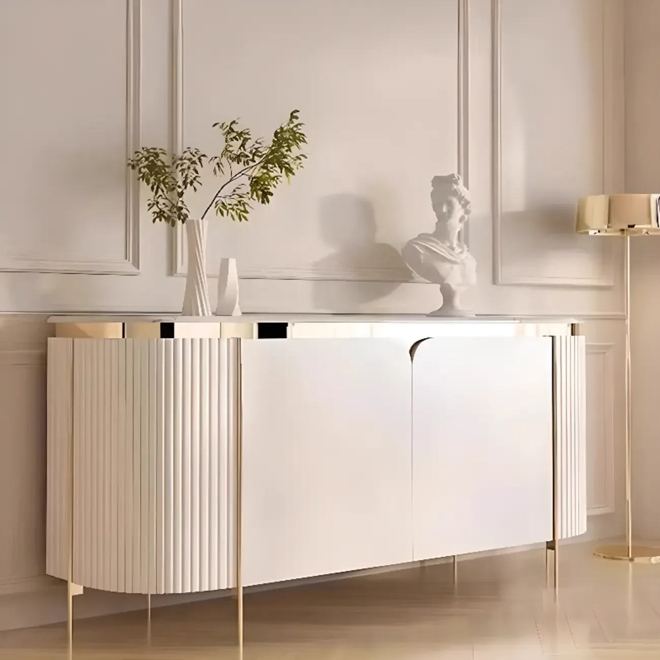 Modern White Sideboard with Mirrored Accent and Storage Image - 1