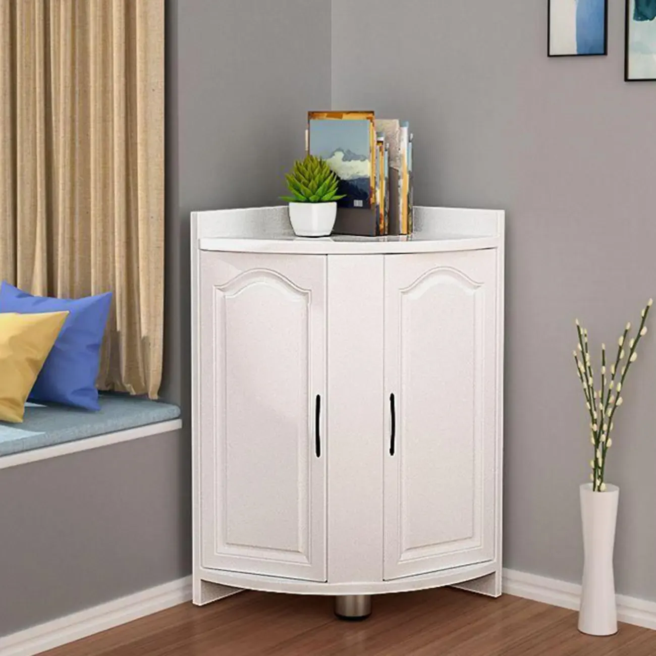 Modern Triangle Wooden Accent Cabinet for Living Room Space Image - 1