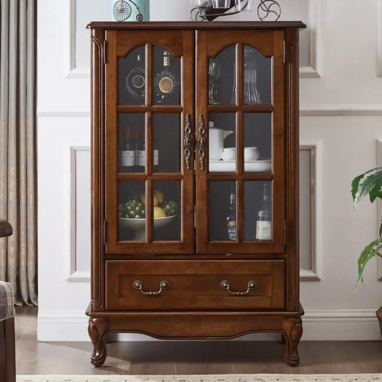 Rustic Wooden Interior Cabinet with Glass Display & Drawer Image - 9