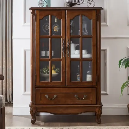 Rustic Wooden Interior Cabinet with Glass Display & Drawer Image - 9