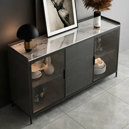 Modern Wooden Buffet Table with Stone Top and Storage Image - 2