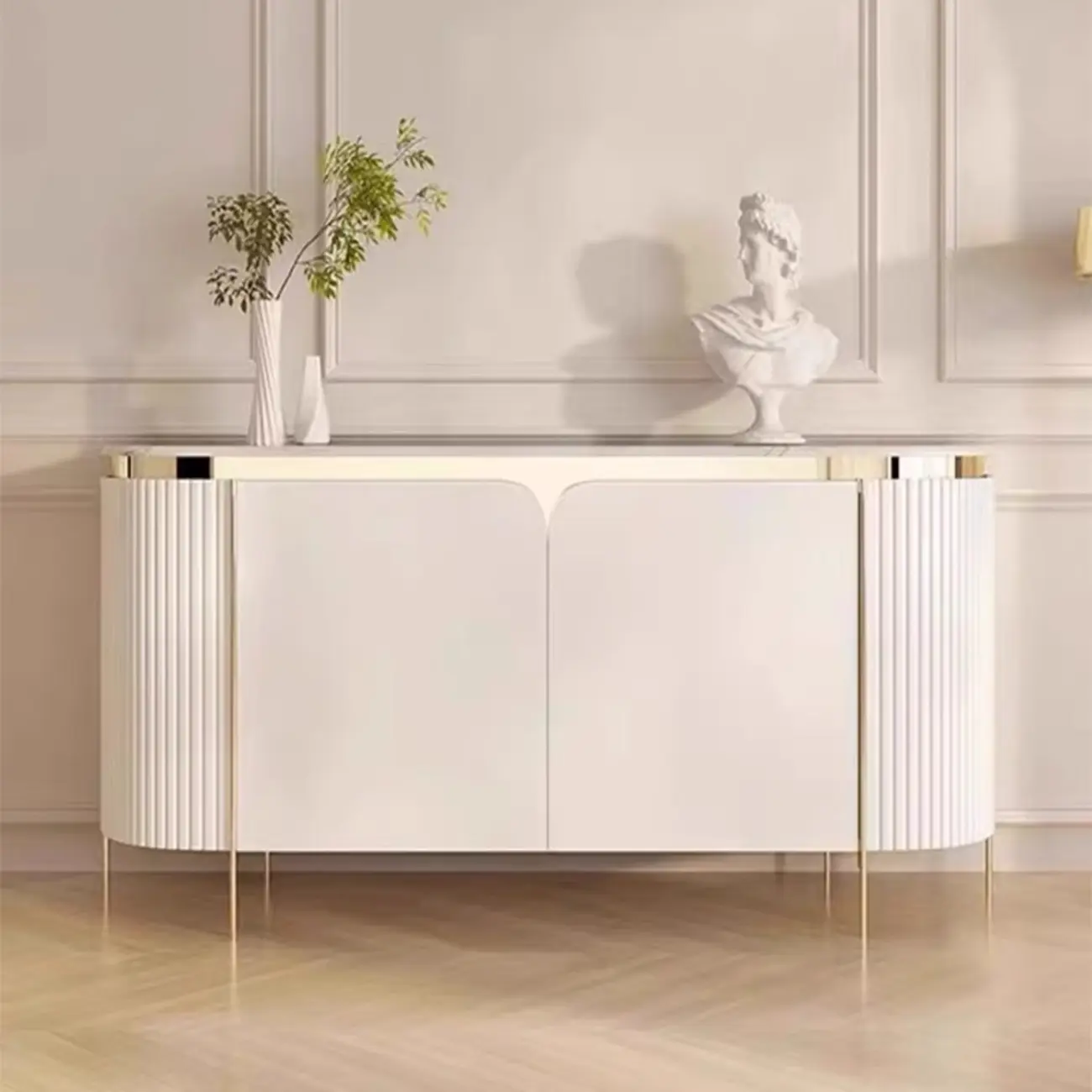 Modern White Sideboard with Mirrored Accent and Storage Image - 3 | homeyfad