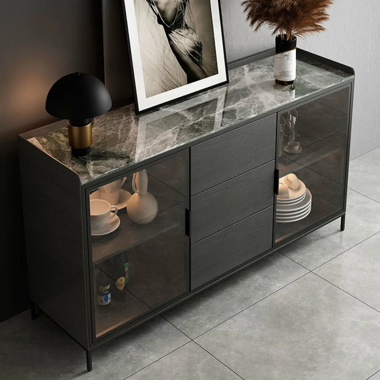 Modern Wooden Buffet Table with Stone Top and Storage Image - 3 | homeyfad