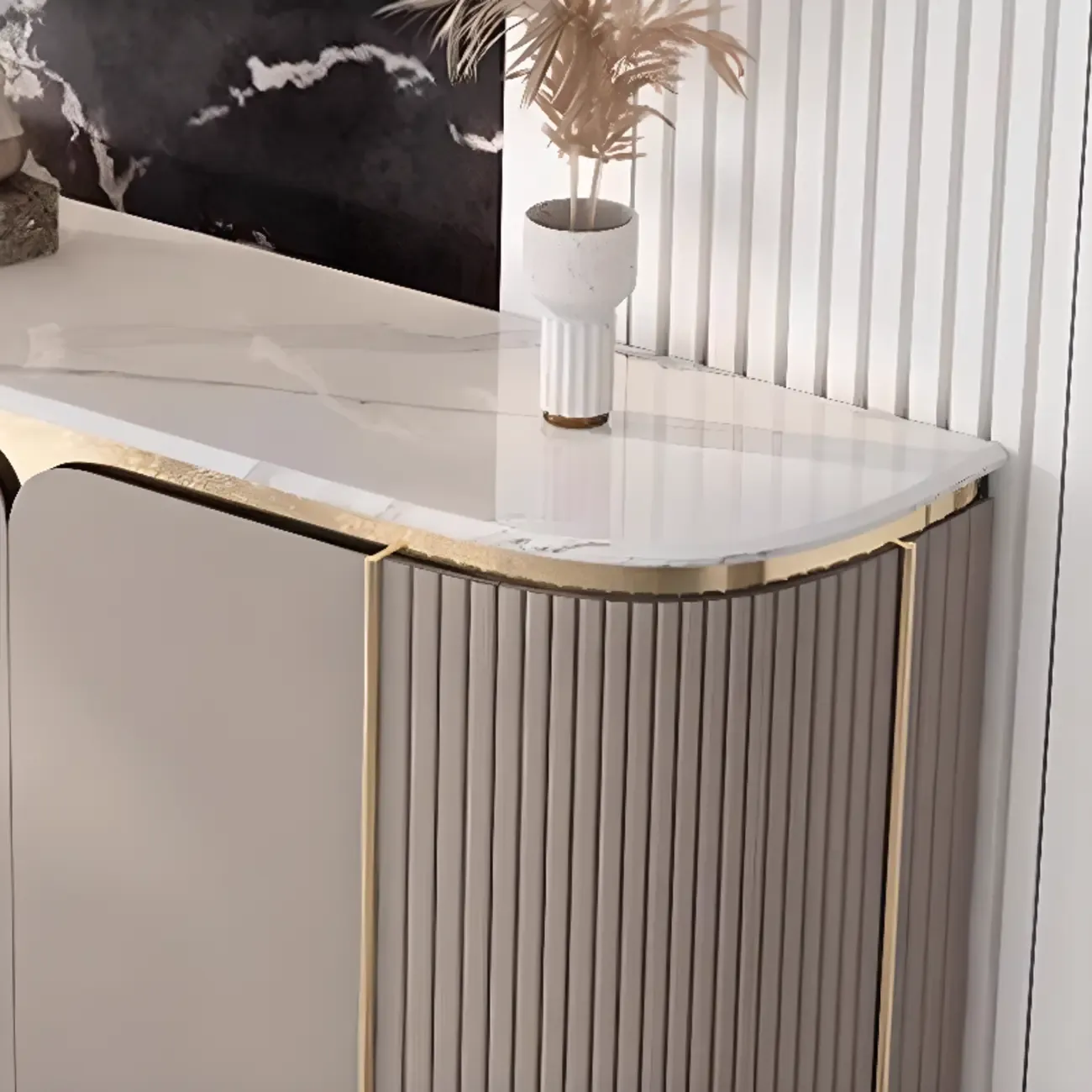 Modern White Sideboard with Mirrored Accent and Storage Image - 4