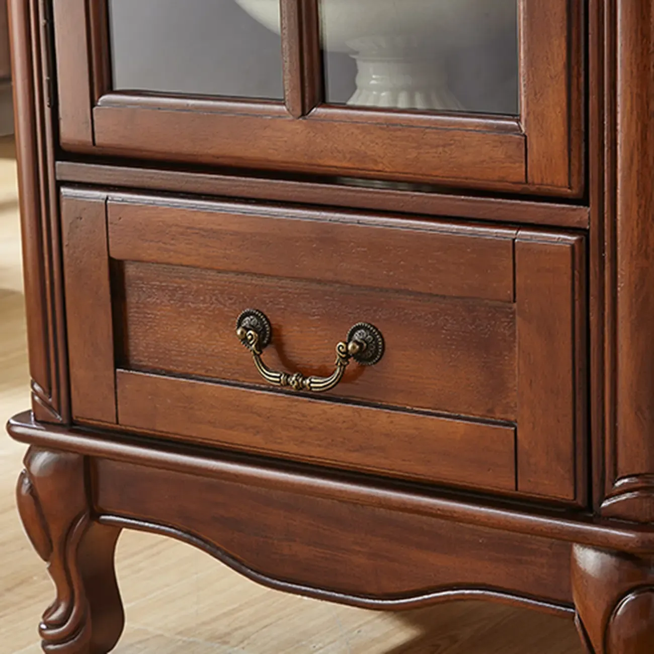 Rustic Wooden Interior Cabinet with Glass Display & Drawer Image - 12