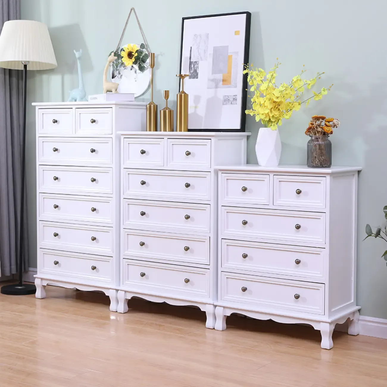 Rustic Wooden White Accent Cabinet with Multiple Drawers Image - 2