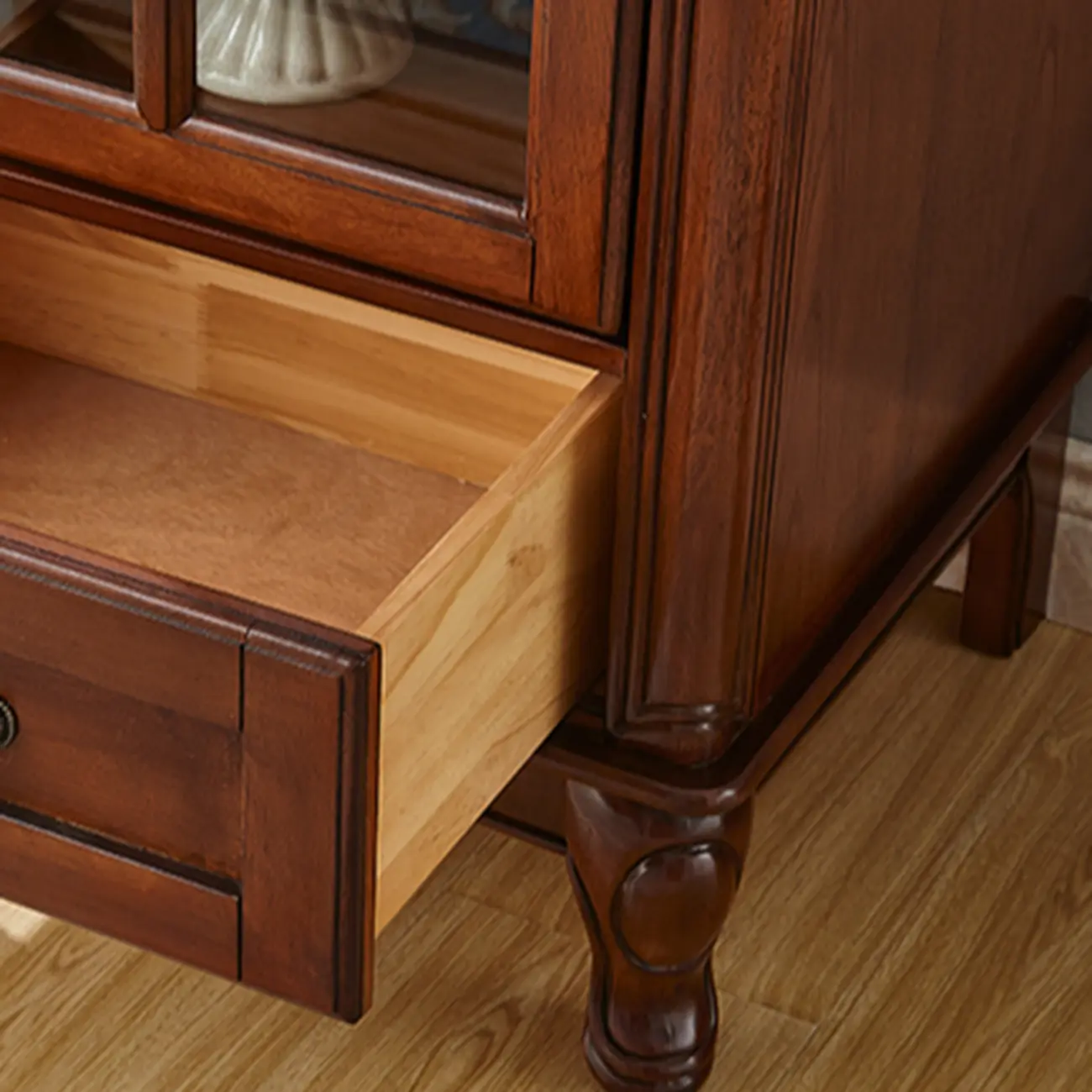 Rustic Wooden Interior Cabinet with Glass Display & Drawer Image - 13 | homeyfad