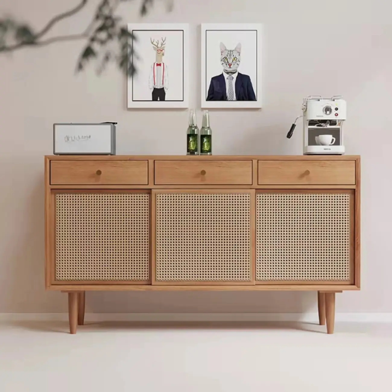 Nordic Freestanding Rattan Cabinet with Sliding Door Image - 1 | homeyfad