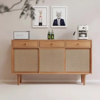 Nordic Freestanding Rattan Cabinet with Sliding Door Image - 1