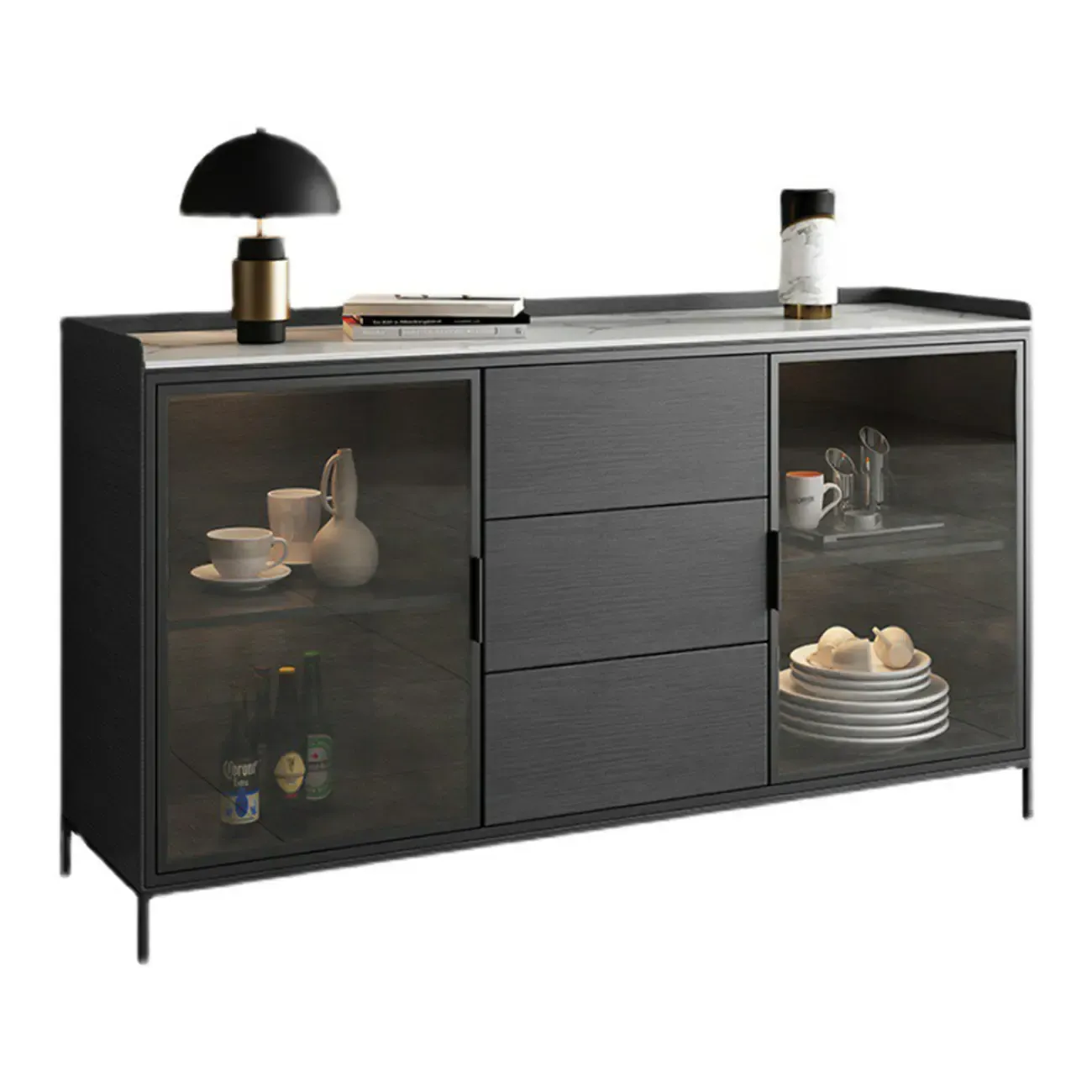 Modern Wooden Buffet Table with Stone Top and Storage Image - 6