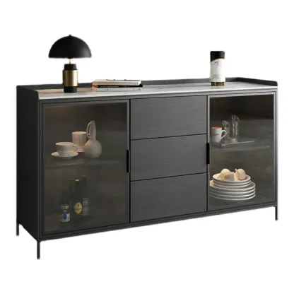 Modern Wooden Buffet Table with Stone Top and Storage Image - 6