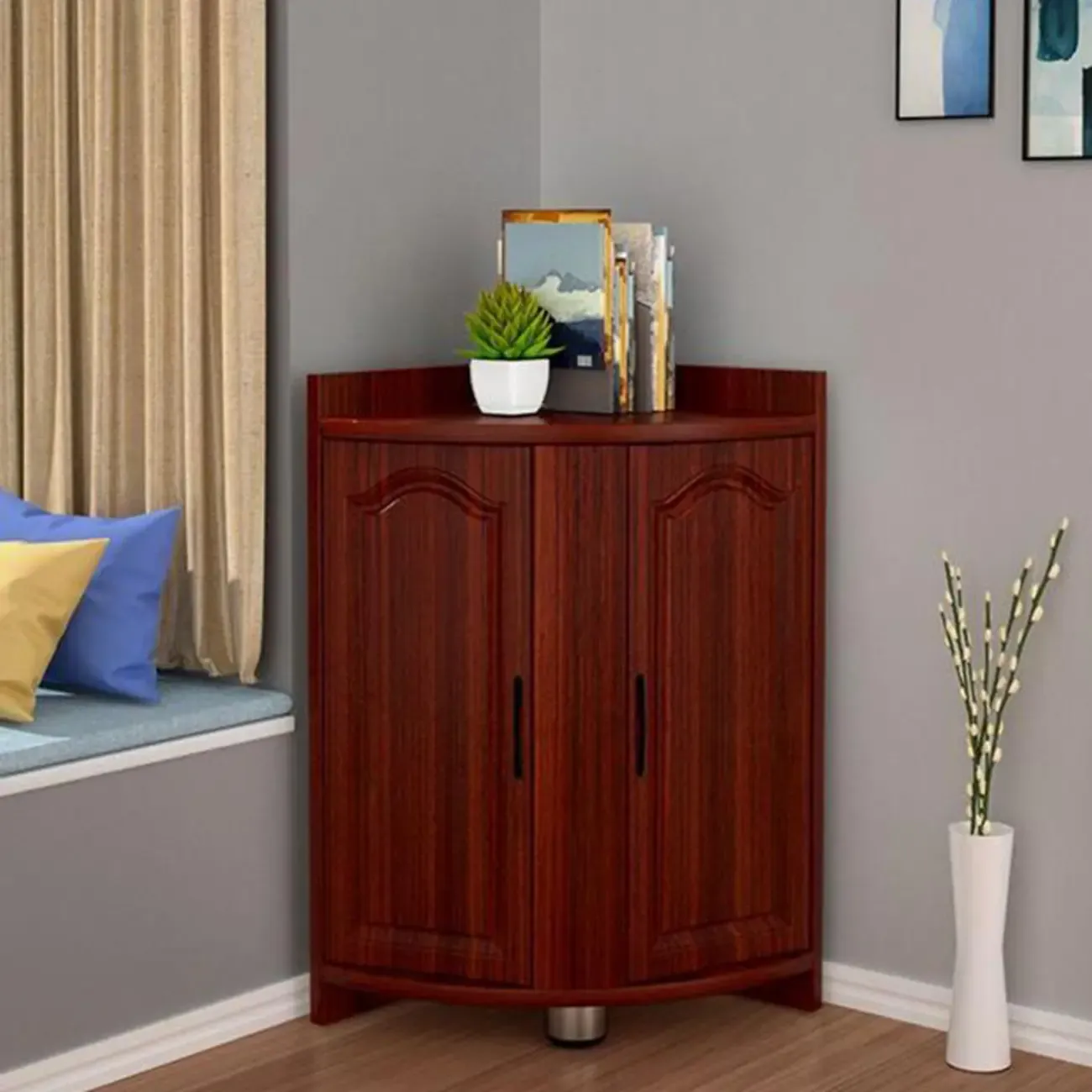 Modern Triangle Wooden Accent Cabinet for Living Room Space Image - 7