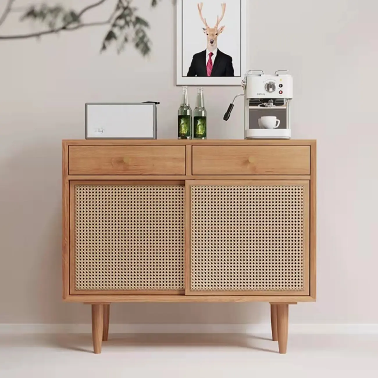 Nordic Freestanding Rattan Cabinet with Sliding Door Image - 4 | homeyfad