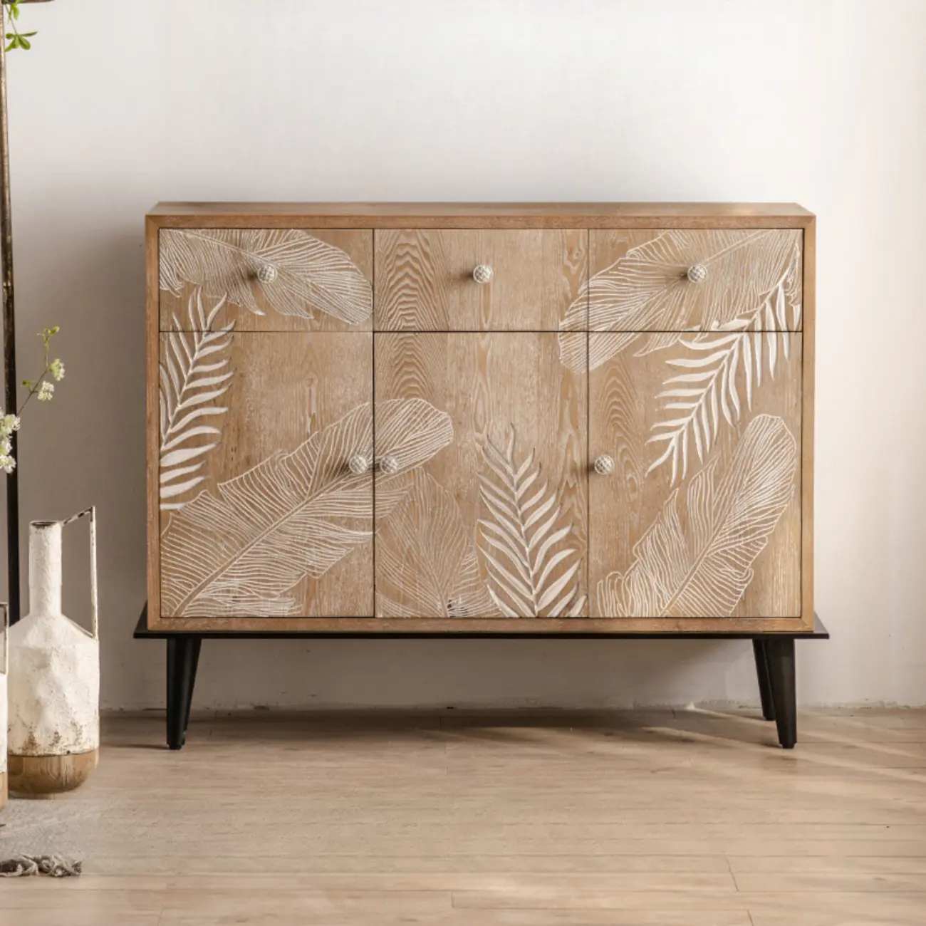 French Country Wooden Parlor Cabinet with Leaf Patterns Image - 2 | homeyfad