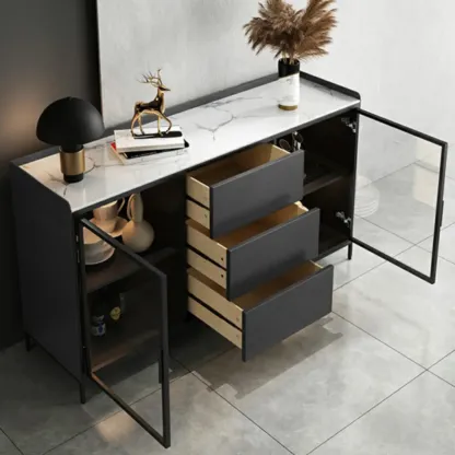 Modern Wooden Buffet Table with Stone Top and Storage Image - 11