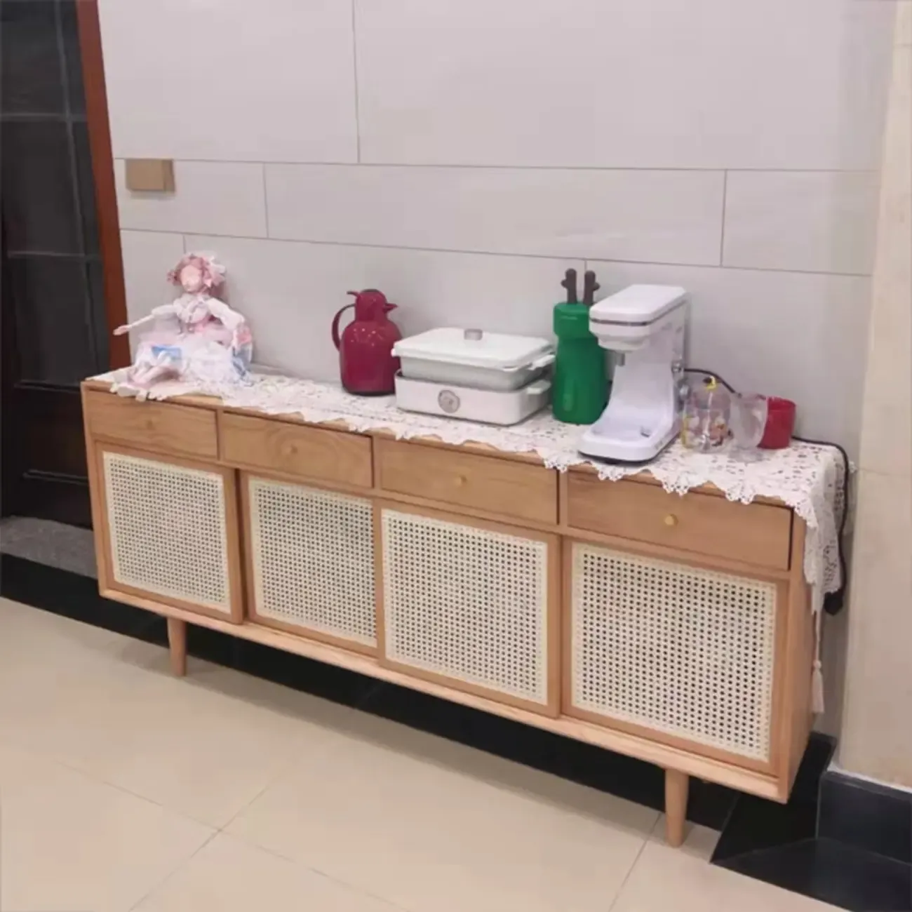 Nordic Freestanding Rattan Cabinet with Sliding Door Image - 6