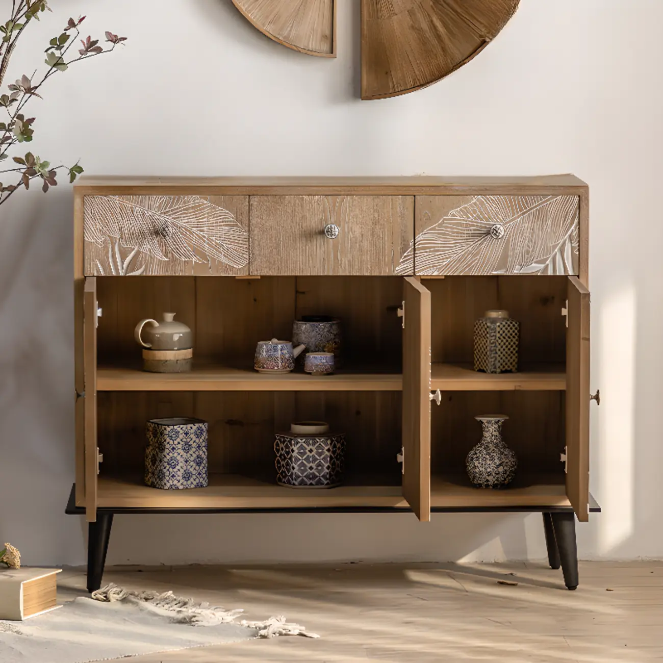 French Country Wooden Parlor Cabinet with Leaf Patterns Image - 4 | homeyfad