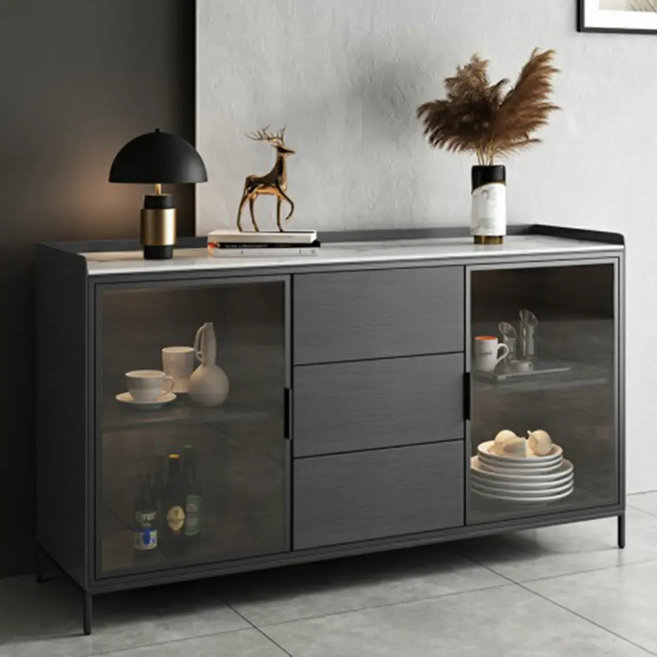 Modern Wooden Buffet Table with Stone Top and Storage Image - 12