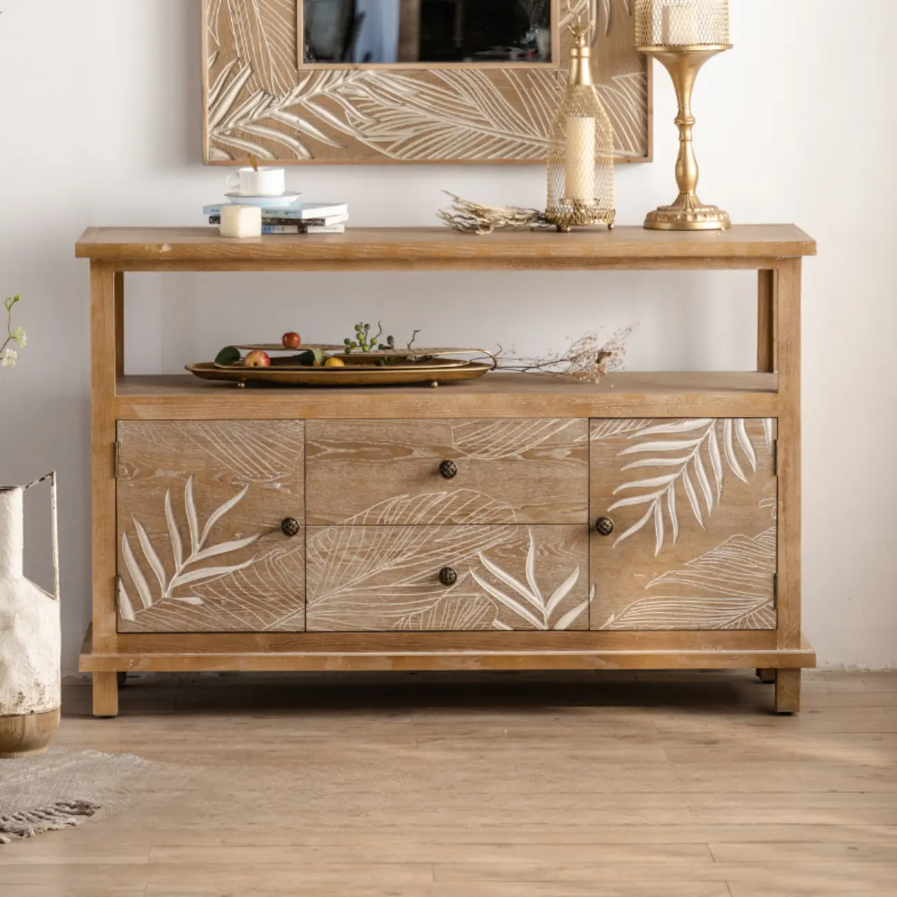 French Country Wooden Parlor Cabinet with Leaf Patterns Image - 7 | homeyfad