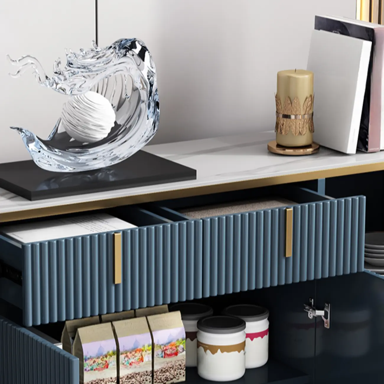 Freestanding Stone Top Sideboard Cabinet with Metal Legs  Image - 5 | homeyfad