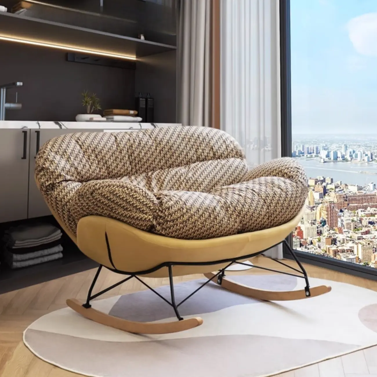 Modern Cotton Upholstered Rocking Chair with Recessed Arm Image - 1 | homeyfad