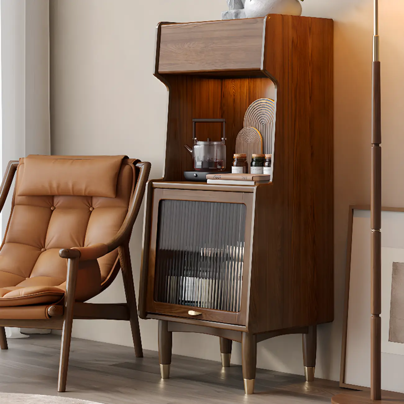 Modern Wooden Brown Wine Cabinet for Living Room Display Image - 2 | homeyfad