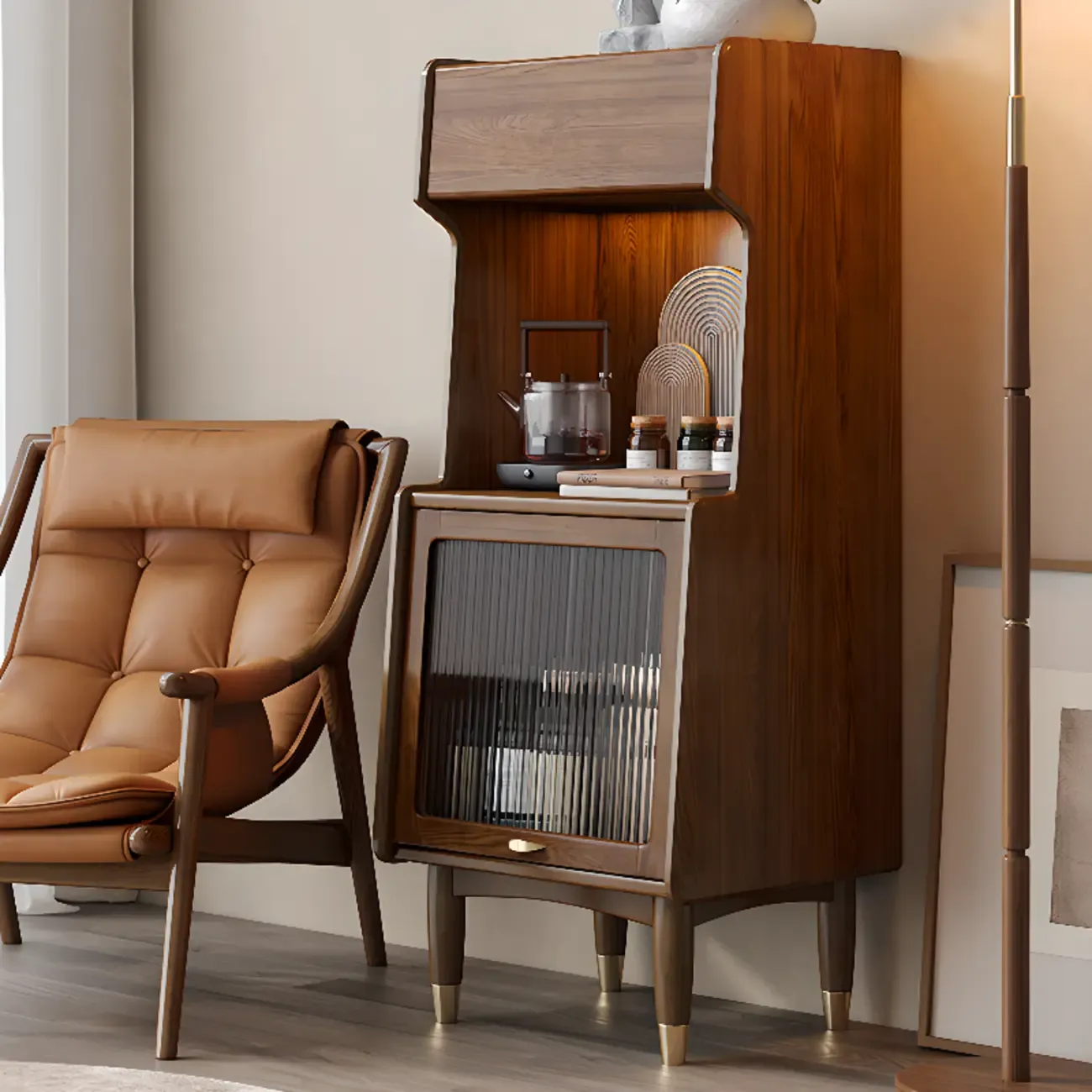 Modern Wooden Brown Wine Cabinet for Living Room Display Image - 2