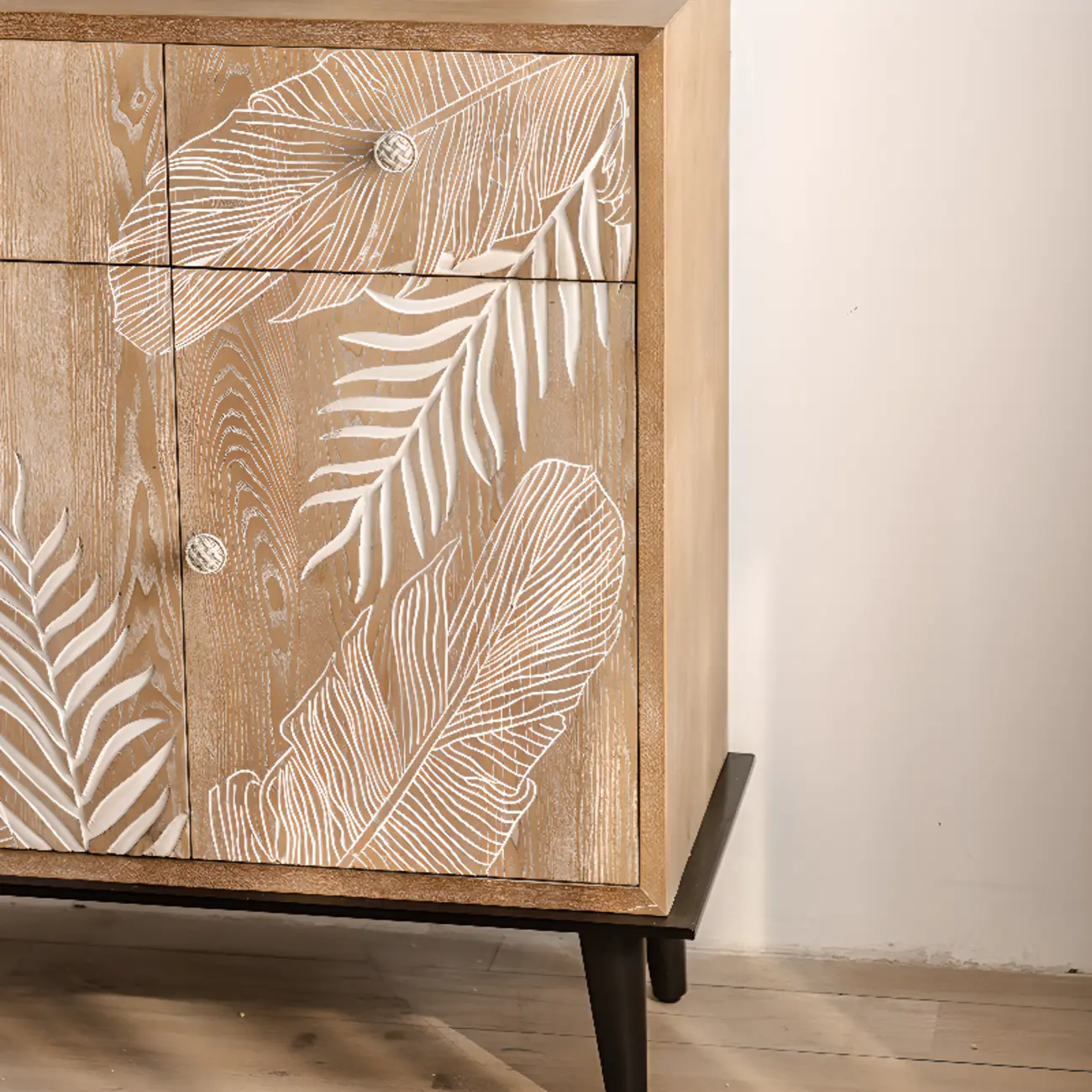 French Country Wooden Parlor Cabinet with Leaf Patterns Image - 12 | homeyfad