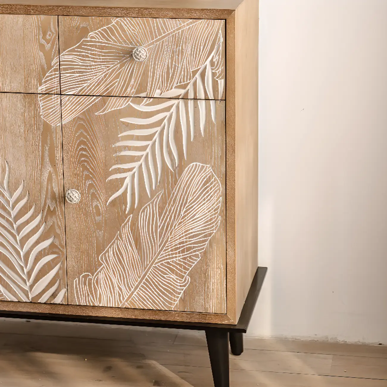 French Country Wooden Parlor Cabinet with Leaf Patterns Image - 12