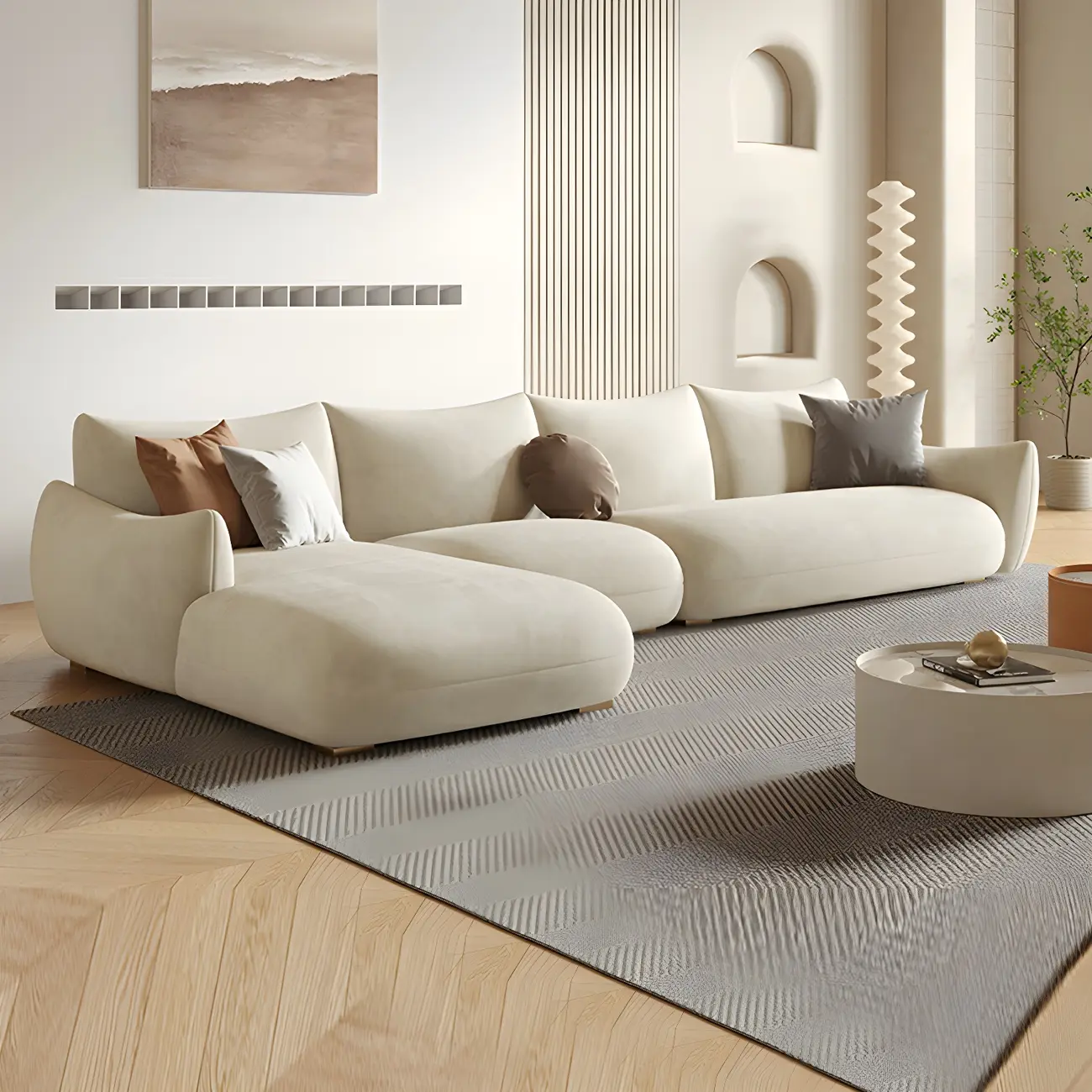 Modern Beige Microfiber Sectional Sofa with Stain-Resistant Image - 1 | homeyfad