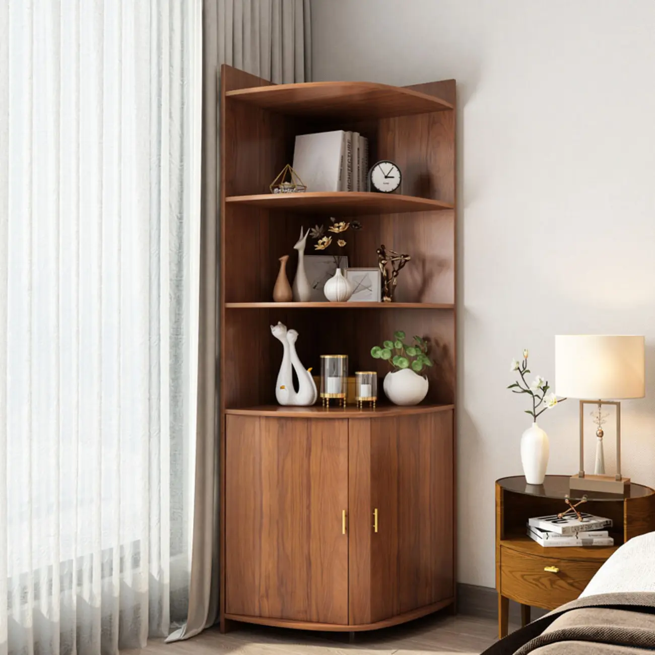 Modern Ample Storage Brown Wooden Corner Display Cabinet Image - 1 | homeyfad