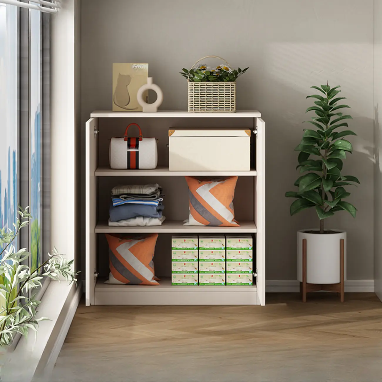 Modern Space-saving Accent Cabinet with Exterior Shelf Image - 3 | homeyfad