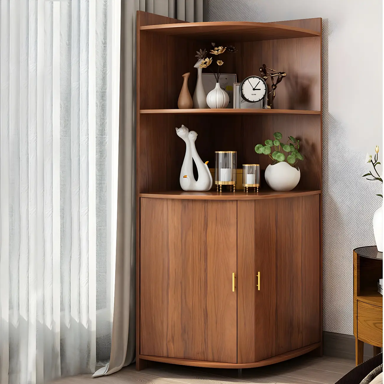Modern Ample Storage Brown Wooden Corner Display Cabinet Image - 3 | homeyfad