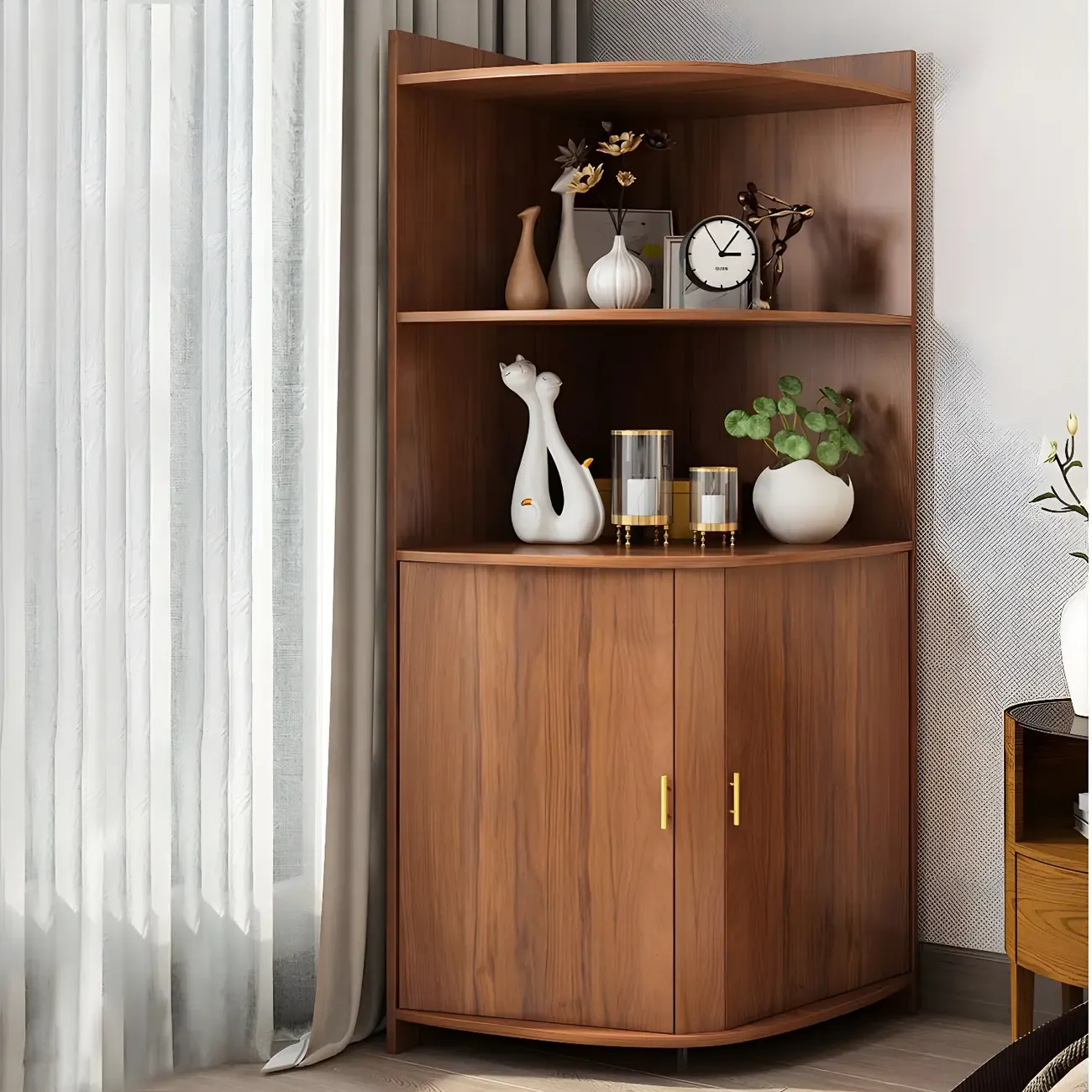 Modern Ample Storage Brown Wooden Corner Display Cabinet Image - 3