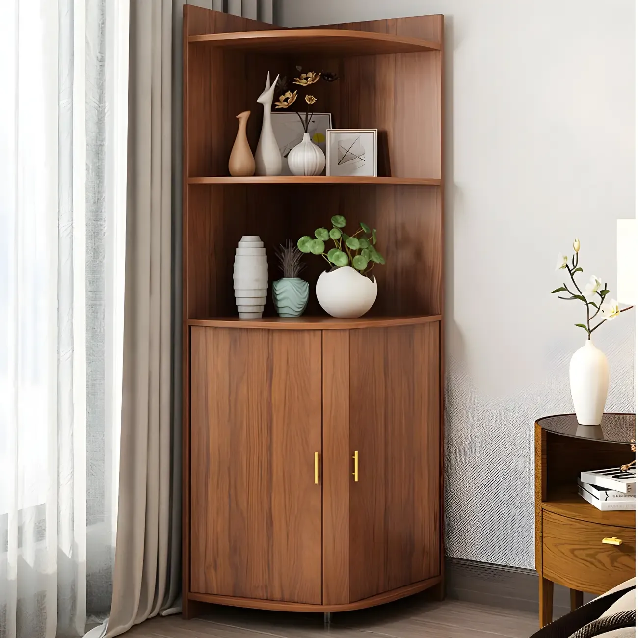 Modern Ample Storage Brown Wooden Corner Display Cabinet Image - 4