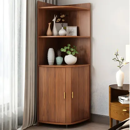 Modern Ample Storage Brown Wooden Corner Display Cabinet Image - 4