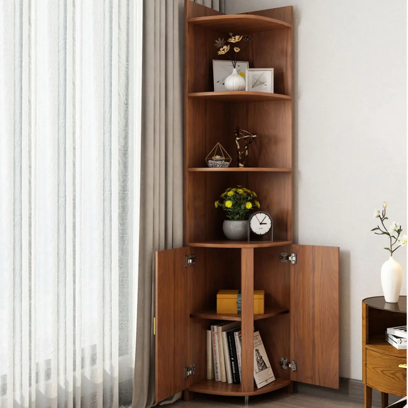 Modern Ample Storage Brown Wooden Corner Display Cabinet Image - 5 | homeyfad
