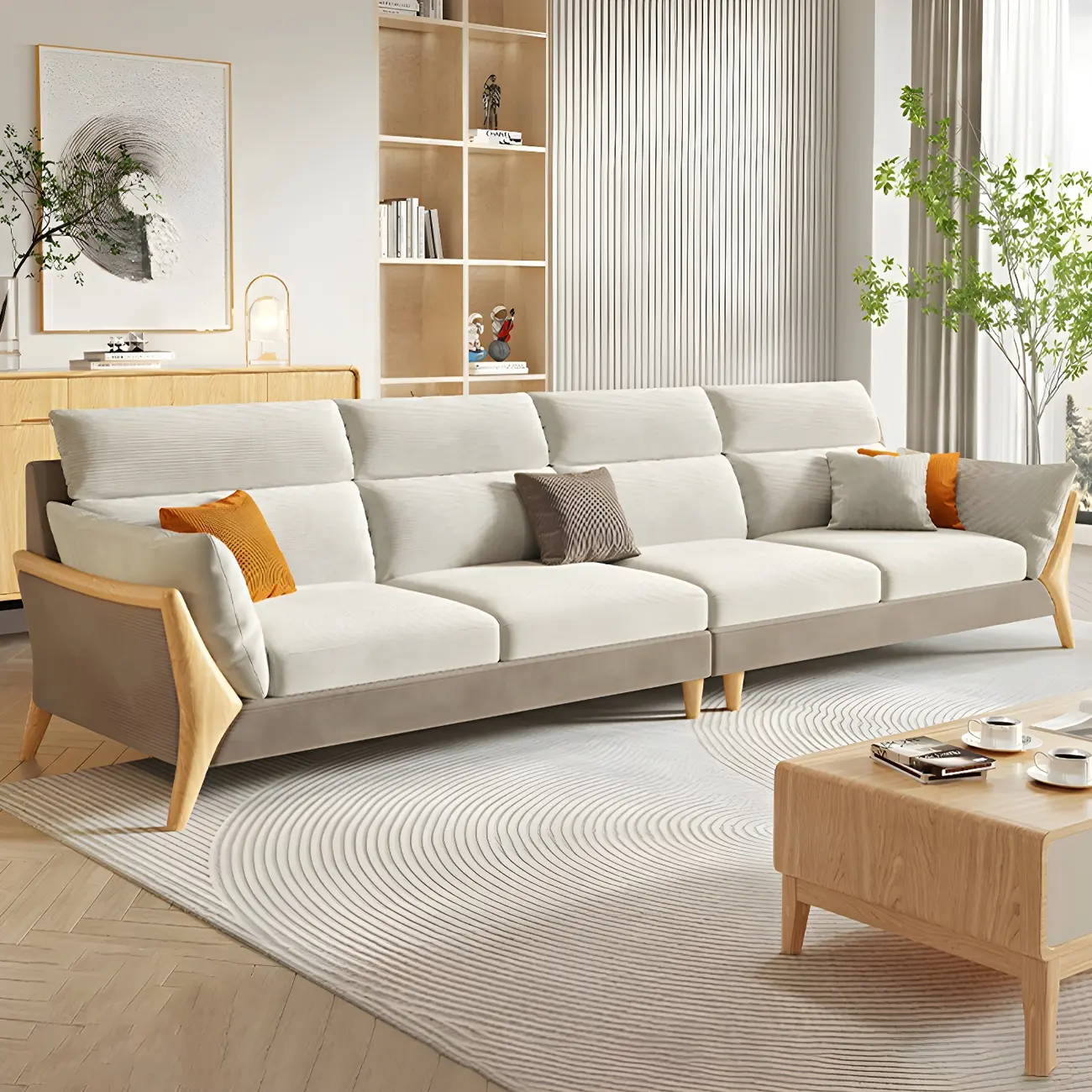 Scandinavian Beige Corduroy Sectional Sofa with Slipcover Image - 2 | homeyfad