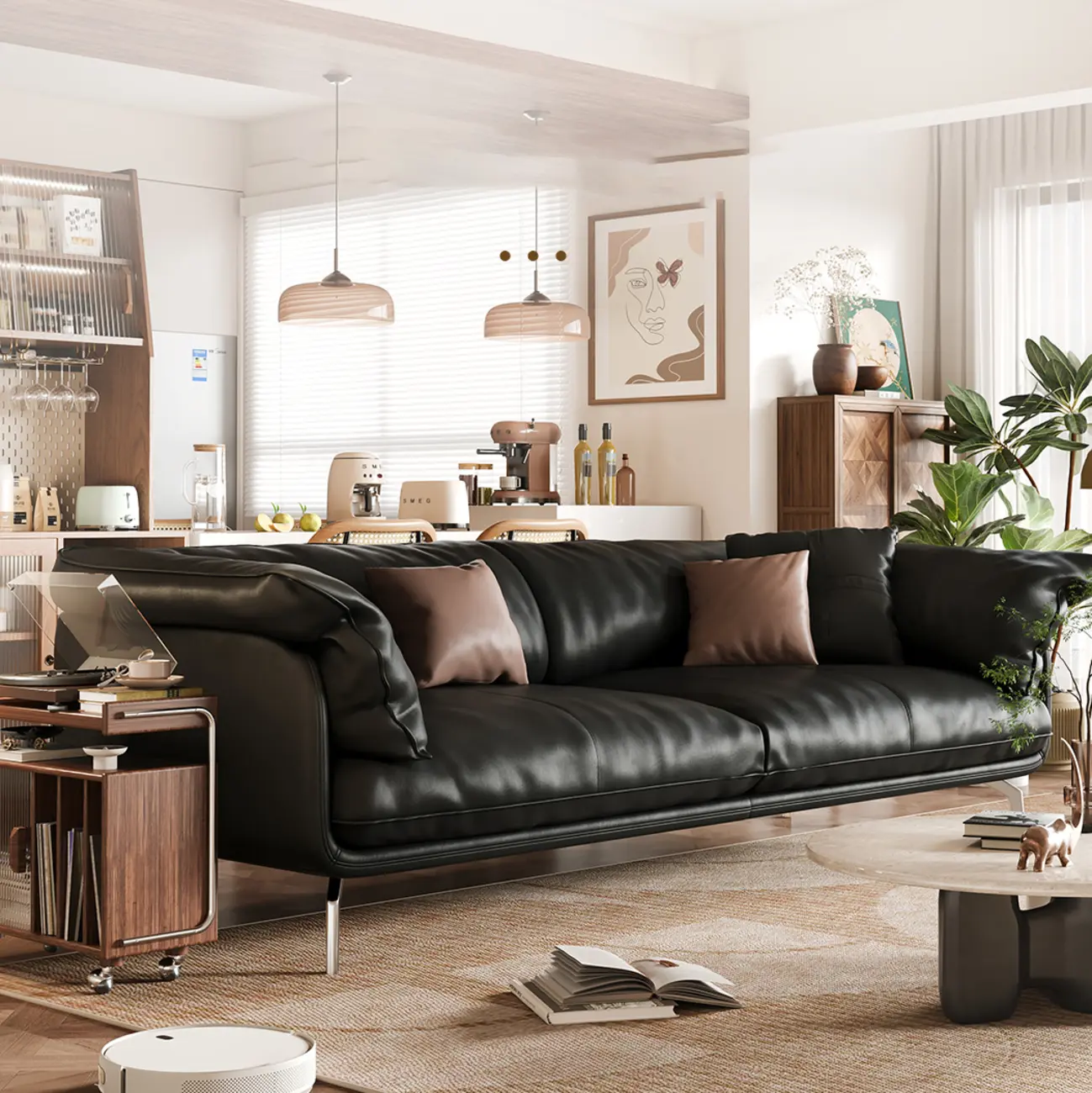 Modern Black Genuine Leather Sectional Sofa for Living Room Image - 1 | homeyfad