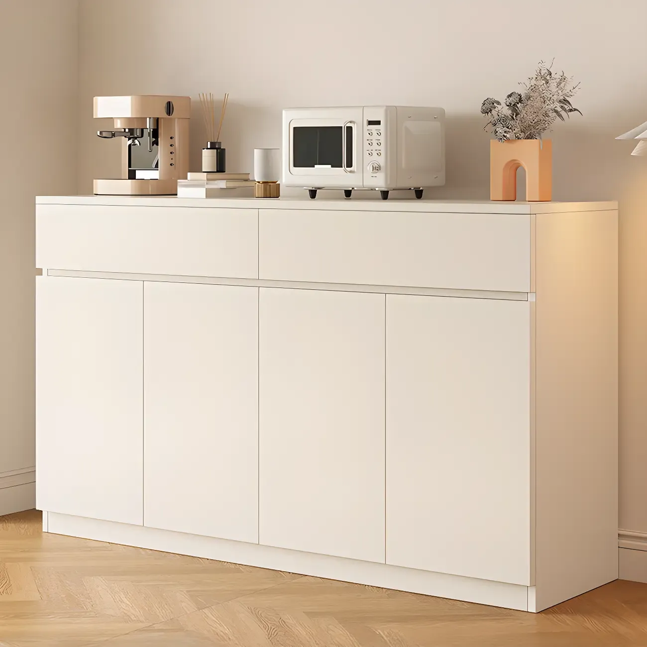 White Wooden Credenza with Drawers and Cabinets Image - 2