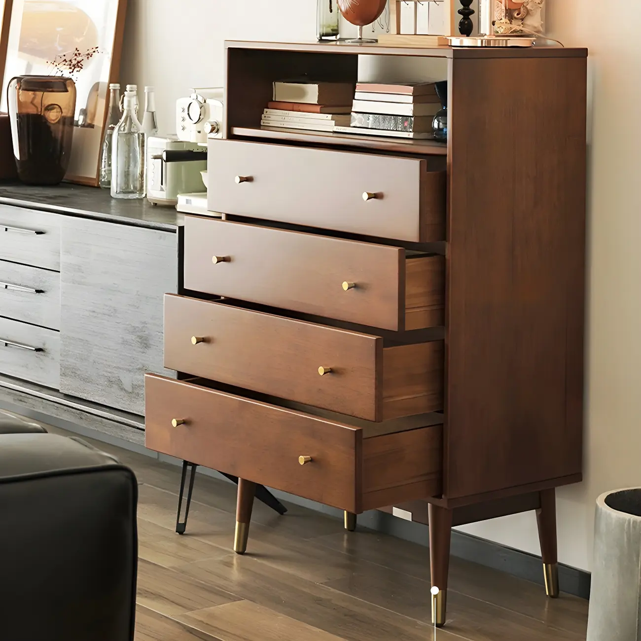 Modern Rubberwood Bedroom Storage Cabinet with 4 Drawers Image - 2 | homeyfad