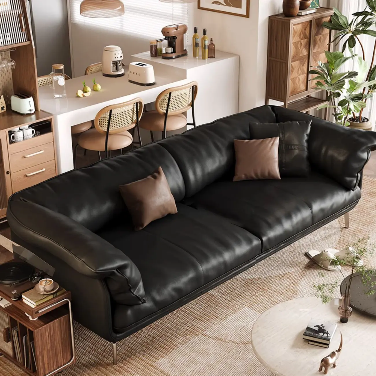 Modern Black Genuine Leather Sectional Sofa for Living Room Image - 2 | homeyfad