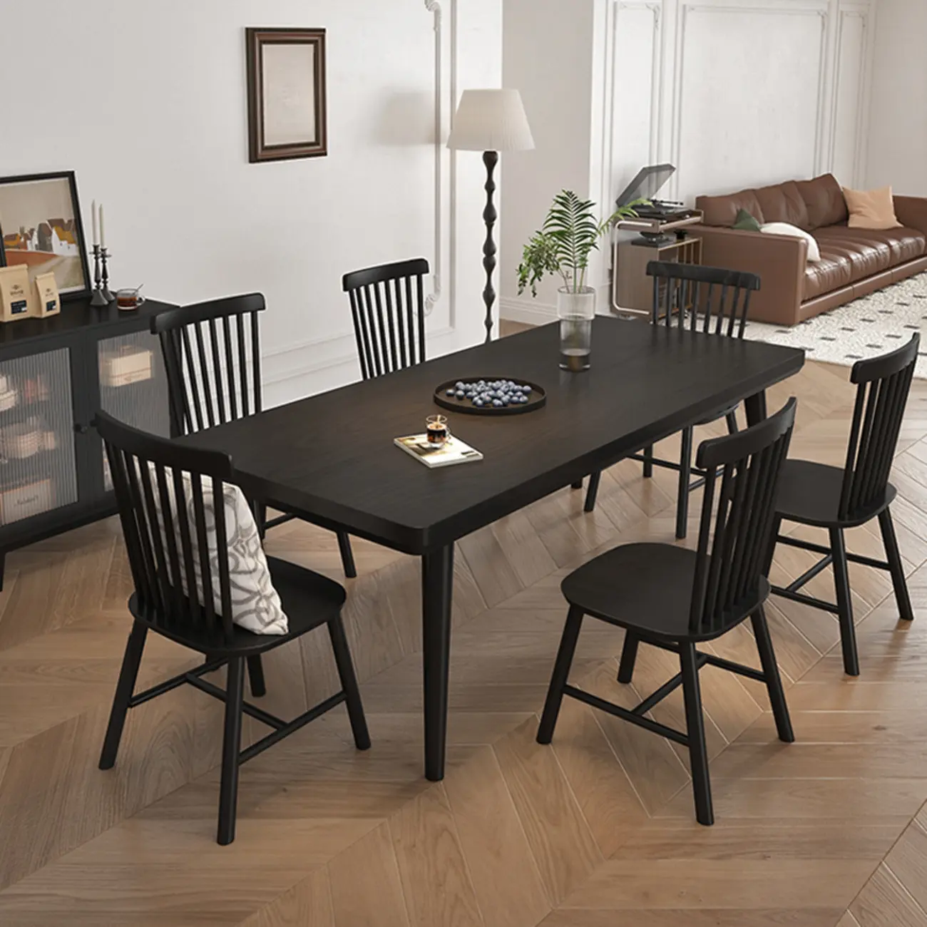 Modern Black Wood Dining Set with Windsor Chairs Image - 2 | homeyfad