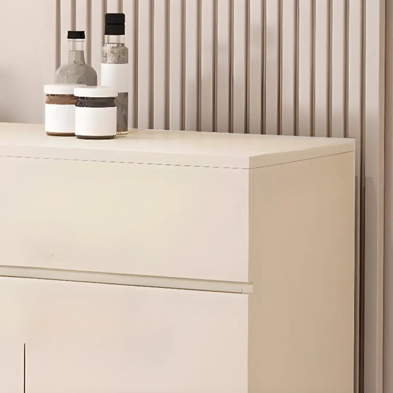 White Wooden Credenza with Drawers and Cabinets Image - 4