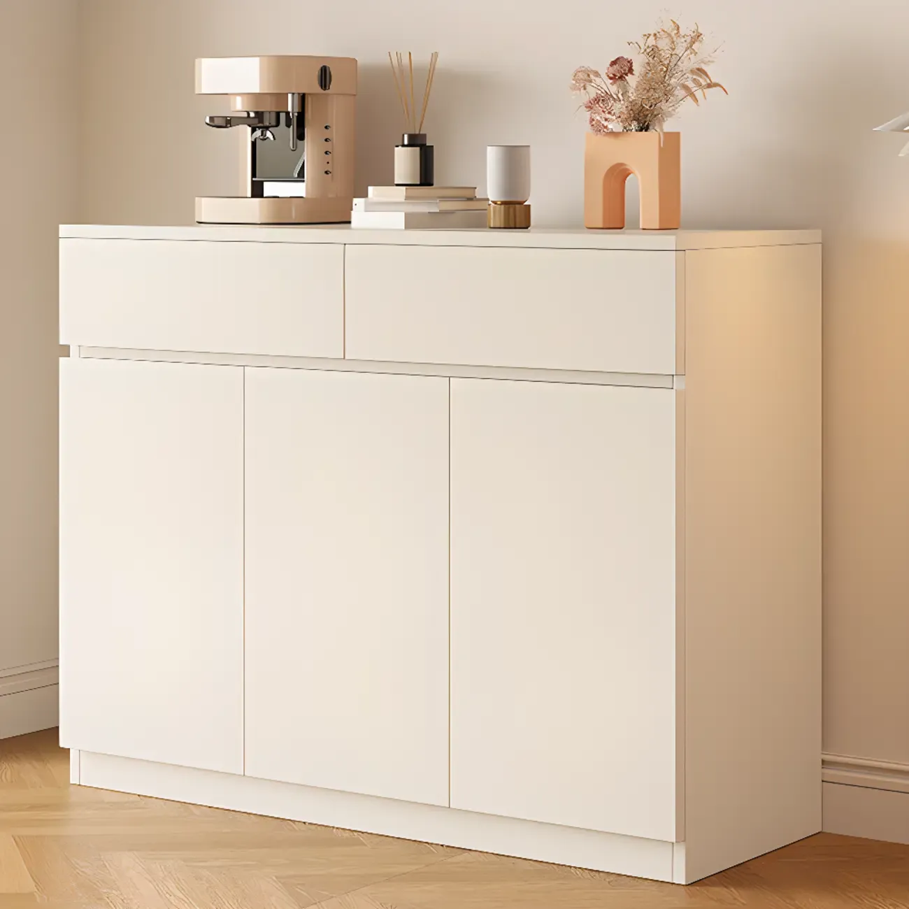 White Wooden Credenza with Drawers and Cabinets Image - 5