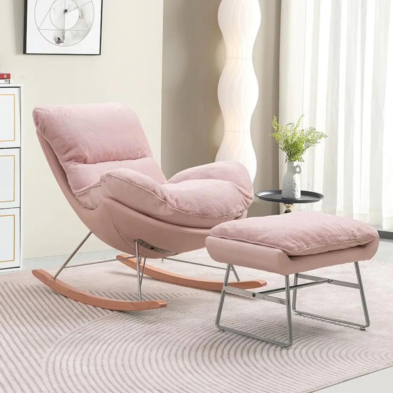 Modern Flannel Upholstered Armless Rocking Chair with Ottoman Image - 1 | homeyfad